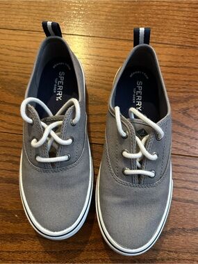 Sperry Gray Canvas Boat Shoes with White Laces